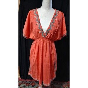 XXI  BOHO Coral/Turquoise Embroidery Elastic Waistband Pullover Dress/Coverup M